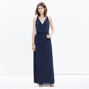Madewell Womens Tassel Tie Maxi Dress Size 10 Navy Blue Elastic Waist Side Slits